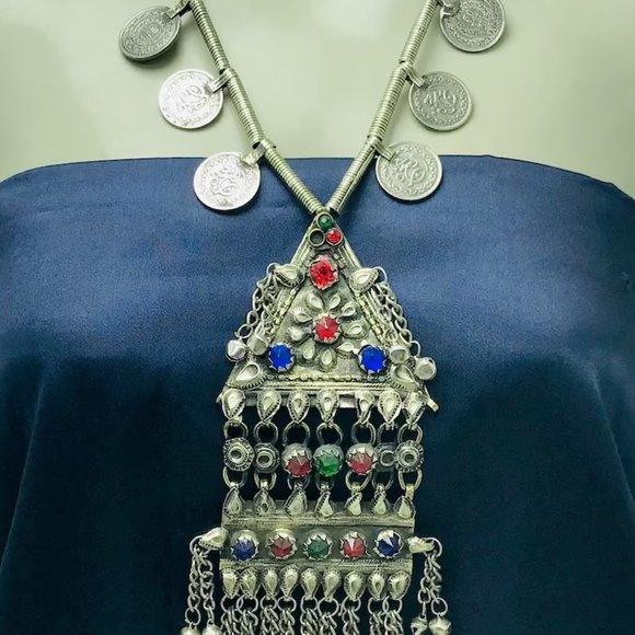 Silver Vintage Long Pendant Necklace with Coins Handmade Afghan Pendant Necklace - Picture 8 of 11